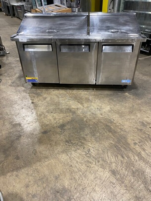 Turbo Air Commercial Refrigerated Sandwich Prep Table! With 3 Door Storage Space Underneath! Poly Coated Racks! All Stainless Steel! On Casters! Model: MST7230 SN: MM7T808001 115V 60HZ 1 Phase