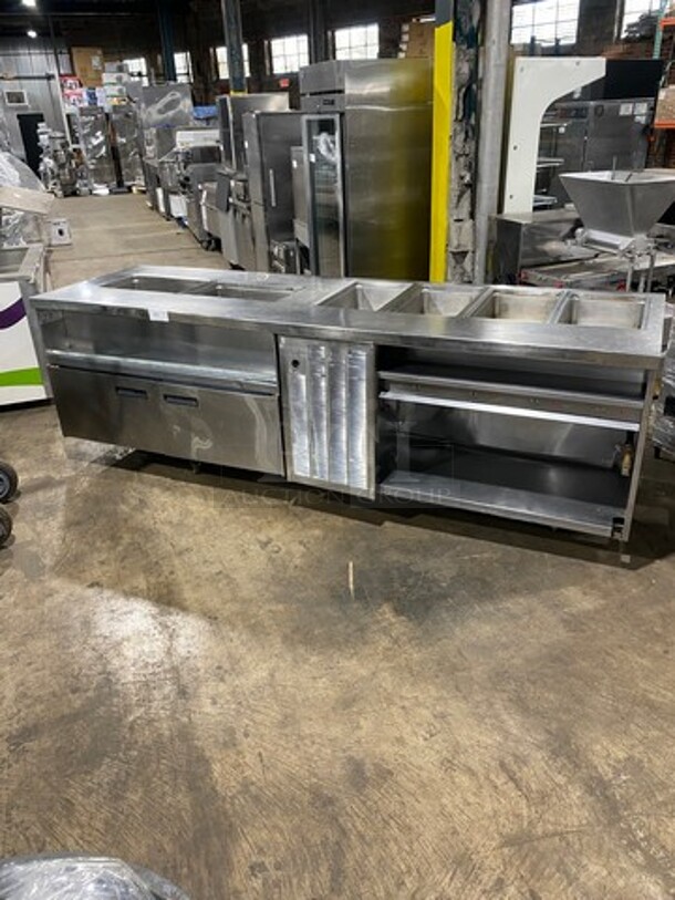 WOW! UNIQUE FIND! Delfield Manitowoc Commercial Custom-Made Half Cold Pan Half Steam Table Food Serving Station! Cold Pan Has 2 Door Refrigerated Storage Space Underneath! Steam Table Has Shelf Storage Space Underneath! All Stainless Steel!