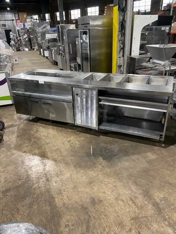 WOW! UNIQUE FIND! Delfield Manitowoc Commercial Custom-Made Half Cold Pan Half Steam Table Food Serving Station! Cold Pan Has 2 Door Refrigerated Storage Space Underneath! Steam Table Has Shelf Storage Space Underneath! All Stainless Steel! - Image 1 of 12