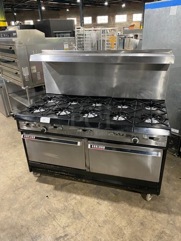 AMAZING FIND! Garland Natural Gas Powered 10 Burner Stove! With 2 Full-Sized Ovens! With Metal Oven Racks! With Raised Back Splash & Salamander Shelf! Stainless Steel! On Casters!