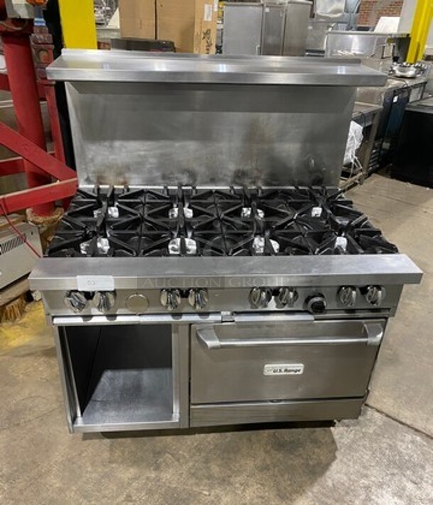 Great! US Range Commercial Natural Gas Powered 8 Burner Stove! With Raised Back Splash And Salamander Shelf! With Oven Underneath! All Stainless Steel! On Casters! Working When Removed!