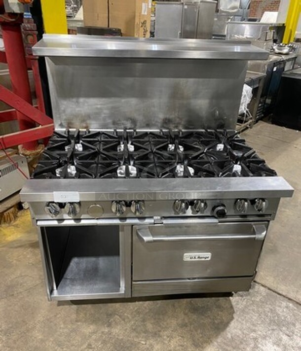 Great! US Range Commercial Natural Gas Powered 8 Burner Stove! With Raised Back Splash And Salamander Shelf! With Oven Underneath! All Stainless Steel! On Casters! Working When Removed! - Image 1 of 9