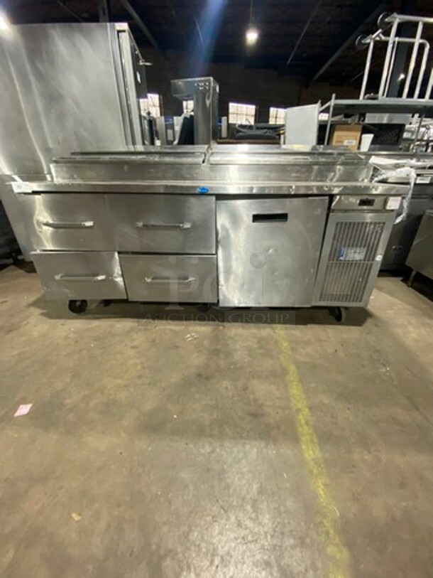 Randell Commercial Refrigerated Pizza Prep Table! With 4 Drawer & Single Door Refrigerated Storage Space Underneath! All Stainless Steel! Model 8383N Serial W27312911! 115V 1Phase! On Casters!