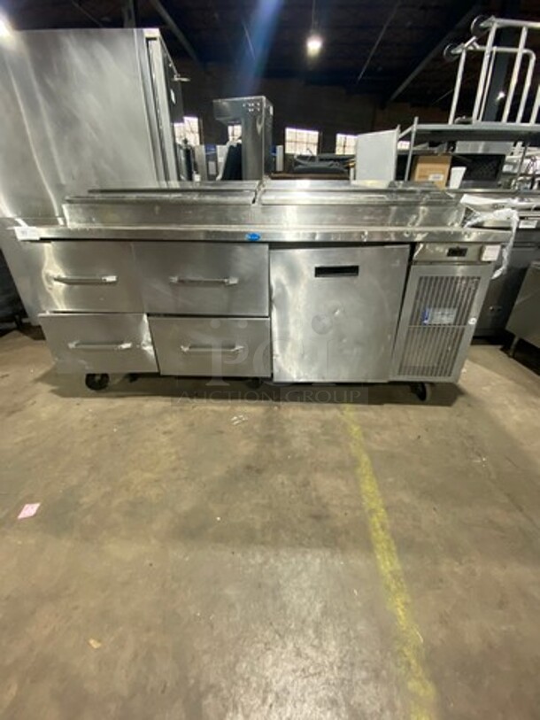 Randell Commercial Refrigerated Pizza Prep Table! With 4 Drawer & Single Door Refrigerated Storage Space Underneath! All Stainless Steel! Model 8383N Serial W27312911! 115V 1Phase! On Casters! - Image 1 of 12