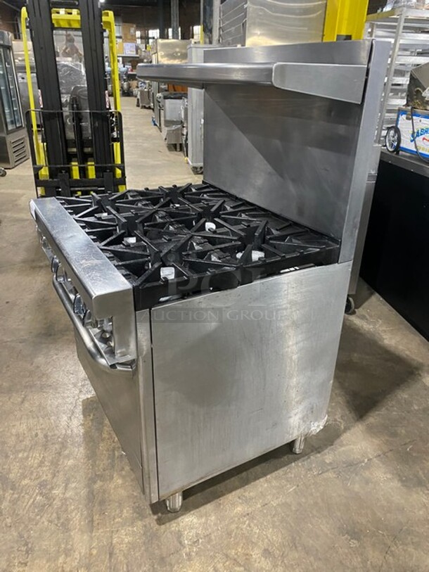 GREAT! Southbend Commercial Natural Gas Powered 6 Burner Stove! With full Sized Oven Underneath! With Backsplash & Overhead Salamander Shelf! All Stainless Steel! With Metal Oven Racks! On Legs! Model: 4361D SN: 11A17770! - Image 2 of 10