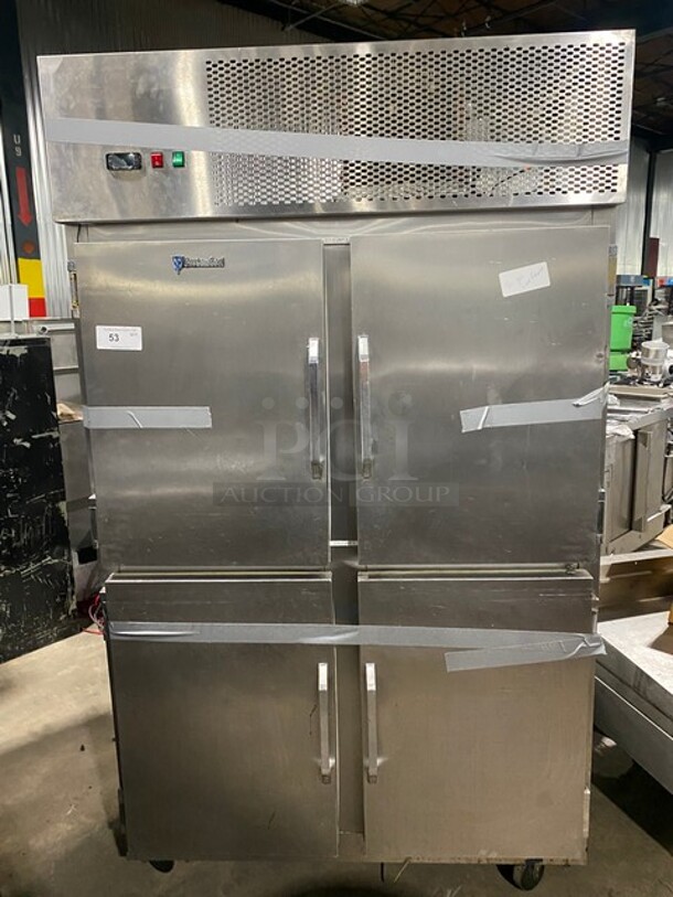 Custom Cool Commercial Split Door Reach In Refrigerator! With Solid Doors! All Stainless Steel! On Casters!