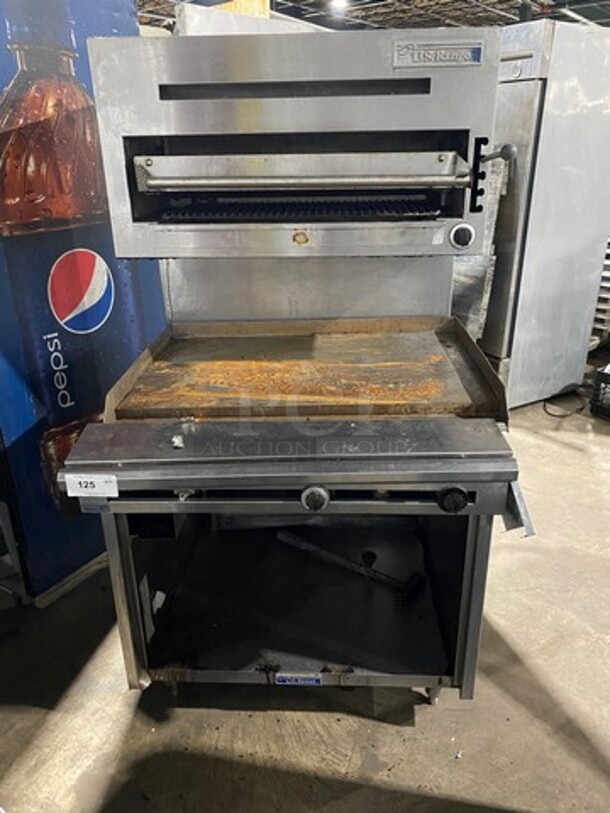 US Range Commercial Natural Gas Powered Flat Top Griddle! With Side Splashes! With Raised Back Splash And Cheese Melter! With Storage Space Underneath! All Stainless Steel! On Legs! Model: BSRX SN: 0409100106383