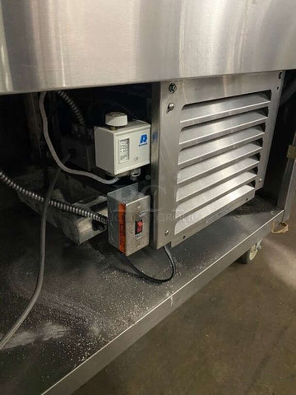 Duke Commercial Refrigerated Food Serving Station Counter/ Cold Pan! With Sneeze Guard! With Lowering Prep Line! All Stainless Steel! On Casters! MEASUREMENTS INCLUDE PREPLINE! WORKING WHEN REMOVED! - Image 6 of 11