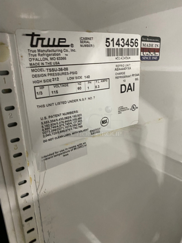 NICE! True Commercial Refrigerated Sandwich Prep Table! With 2 Door Storage Space Underneath! All Stainless Steel! On Casters! Model: TSSU3608 SN: 5143456 115V 60HZ 1 Phase - Image 7 of 9