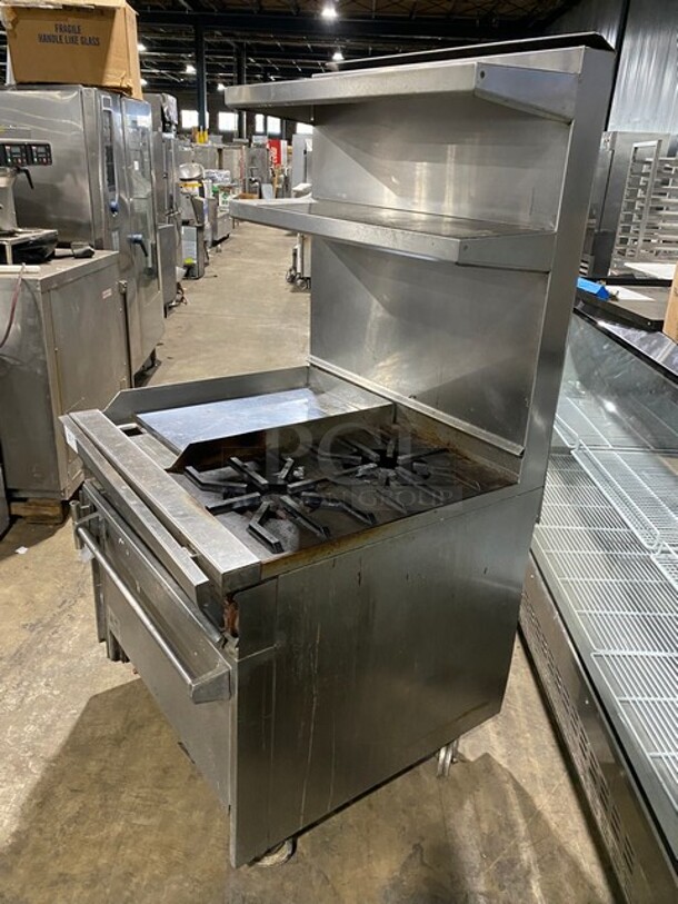 Jade Range Heavy Duty 2 Burner Gas Range With Griddle On Left Side, And Oven Underneath! With Raised Back Splash Double shelf! Stainless Steel! On Commercial Casters! Working When Removed! - Image 2 of 11