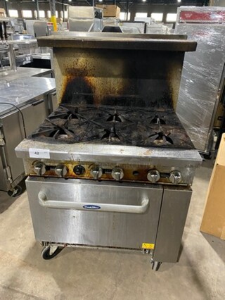 Cook Rite Commercial Natural Gas Powered 6 Burner Stove! With Raised Back Splash And Salamander Shelf! With Oven Underneath! All Stainless Steel! On Casters!