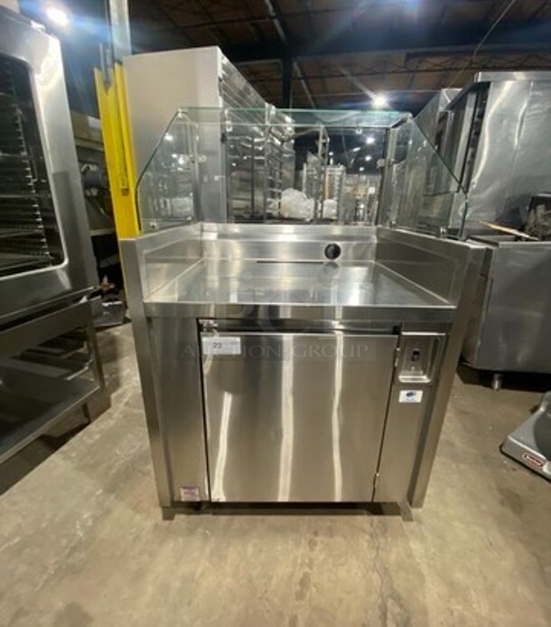 American Food Service Custom Made Commercial Mobile Cooking Counter! With Front Sneeze Guard! All Stainless Steel! On Casters! Model: AFCEO2JB1 SN: AFCWEGMANS413 120V