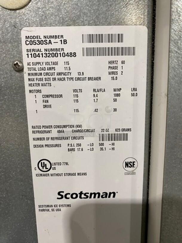 Scotsman Prodigy Commercial Air-Cooled Ice Machine! All Stainless Steel! On Legs! 2x Your Bid Makes One Unit! Model: C0530SA1B SN: 11041320010488 115V 60HZ 1 Phase, Model: B530P SN: 09091320011199 - Image 7 of 11