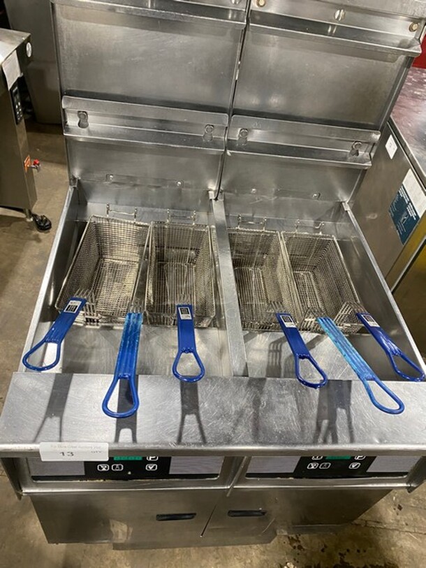 Pitco Frialator Stainless Steel Commercial Natural Gas Powered 2 Bay Deep Fat Fryer w/ 4 Metal Fry Baskets! On Commercial Casters! MODEL SSH55   - Image 5 of 11