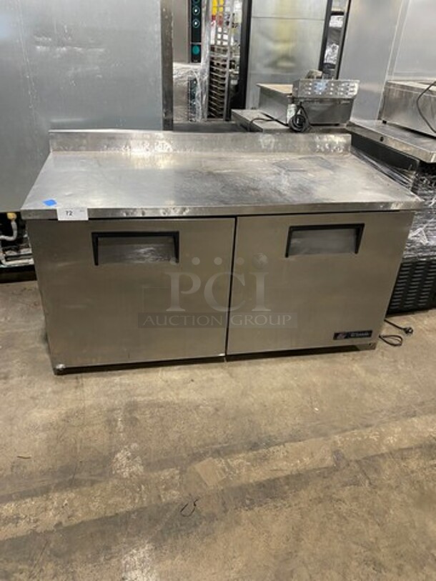 TRUE ALL STAINLESS STEEL Commercial 2 Door Refrigerated  Worktop/Lowboy Cooler! With Raised Back Splash!Model TWT-60 Serial 1-4606796 115V/60Hz/1 Phase! On Casters!  - Image 1 of 5