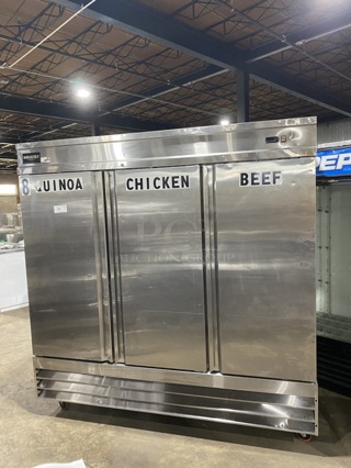 INDUSTRY Commercial 3 Door Reach In Freezer!  All Stainless Steel! On Casters! Model CFD-3FF-HC 
