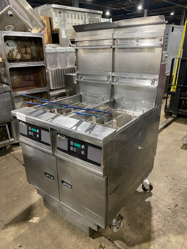 Pitco Frialator Stainless Steel Commercial Natural Gas Powered 2 Bay Deep Fat Fryer w/ 4 Metal Fry Baskets! On Commercial Casters! MODEL SSH55   - Image 10 of 11