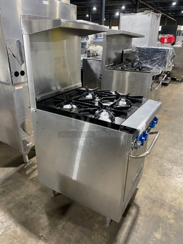 Montague Commercial Natural Gas Powered 4 Burner Stove! With Raised Back Splash And Salamander Shelf! With Oven Underneath! All Stainless Steel! On Legs! - Image 3 of 10