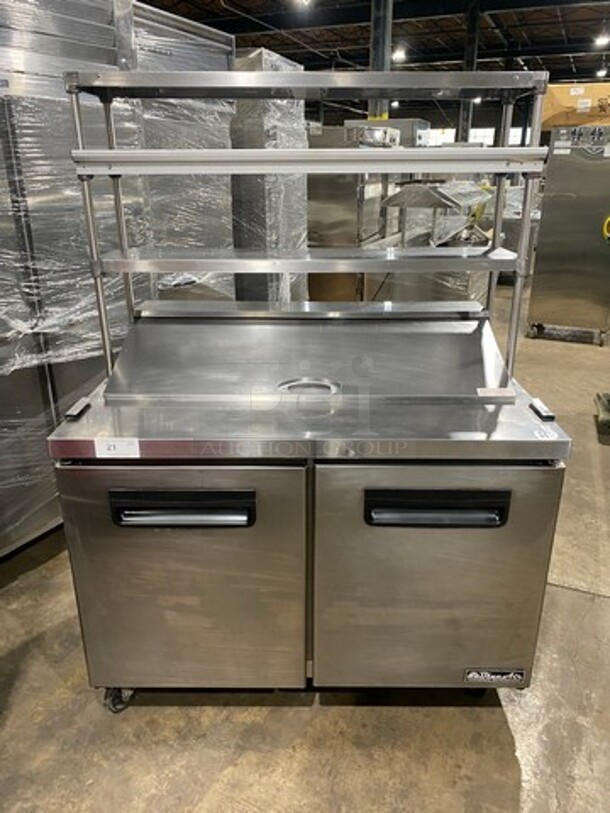 Blue Air Commercial Refrigerated Sandwich Prep Table! With 2 Door Storage Space Underneath! With Triple Over Head Shelf Storage! All Stainless Steel! On Casters! Model: BLPT48 115V 60PH 1 Phase