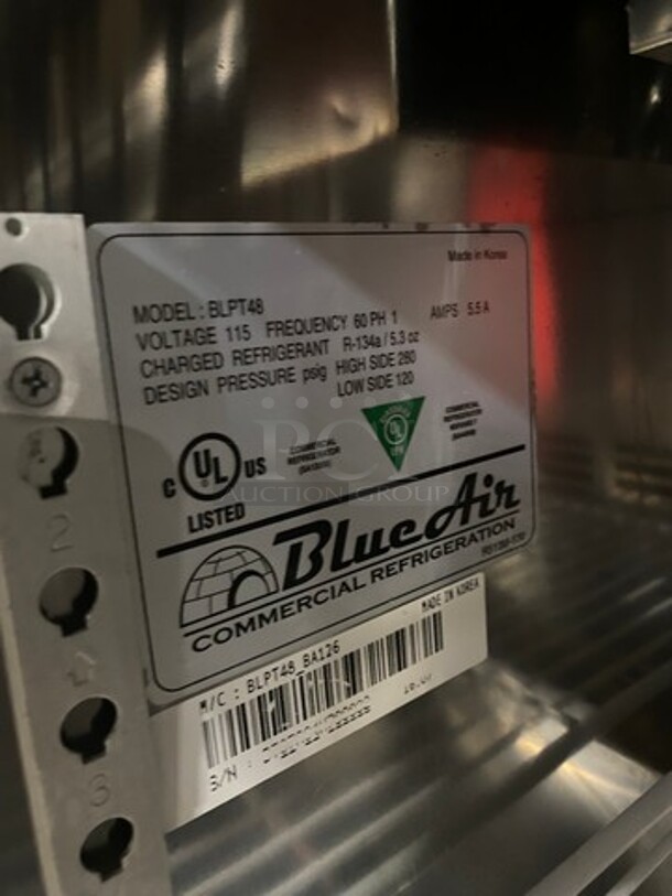 Blue Air Commercial Refrigerated Sandwich Prep Table! With 2 Door Storage Space Underneath! With Triple Over Head Shelf Storage! All Stainless Steel! On Casters! Model: BLPT48 115V 60PH 1 Phase - Image 8 of 11