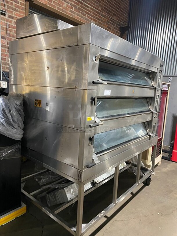 Sweet! Adamatic Mono Stainless Steel Electric Powered  3 Deck Led Glass Door-Steam Injection Baking Oven Center! MODEL FG247-J38S01 SN:100674964 FA026398 3PH! On Stand With Casters And Tray Holders!  - Image 2 of 11