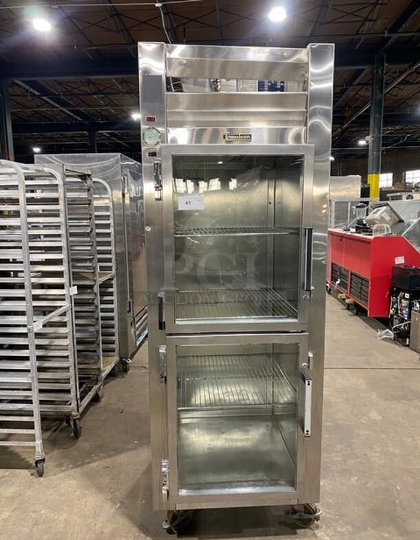 Traulsen Stainless Steel Commercial 2 Half Size Reach In Cooler Merchandiser w/ Metal Racks on Commercial Casters!