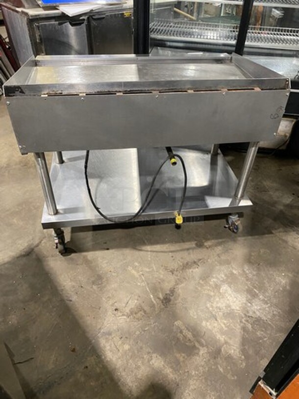 Vulcan Hart Commercial Natural Gas Powered Flat Top Griddle! With Back And Side Splashes! On Equipment Stand! All Stainless Steel! On Casters! Model: 48RRGCKR1 SN: 650097965 - Image 3 of 9