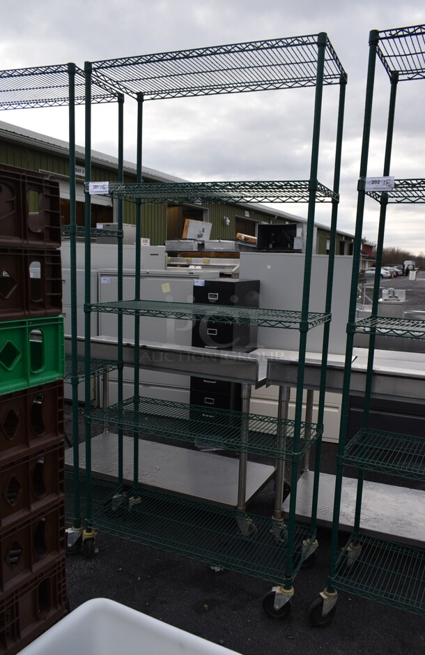 Green Finish 5 Tier Wire Shelving Unit on Commercial Casters. BUYER MUST DISMANTLE. PCI CANNOT DISMANTLE FOR SHIPPING. PLEASE CONSIDER FREIGHT CHARGES. - Image 1 of 2
