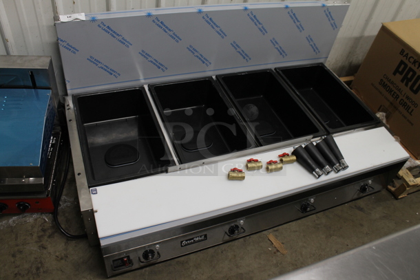 BRAND NEW SCRATCH AND DENT! Vollrath 38104 Stainless Steel Commercial Electric Powered 4 Bay Steam Table. 120 Volts, 1 Phase. Cannot Test Due To Plug Style
