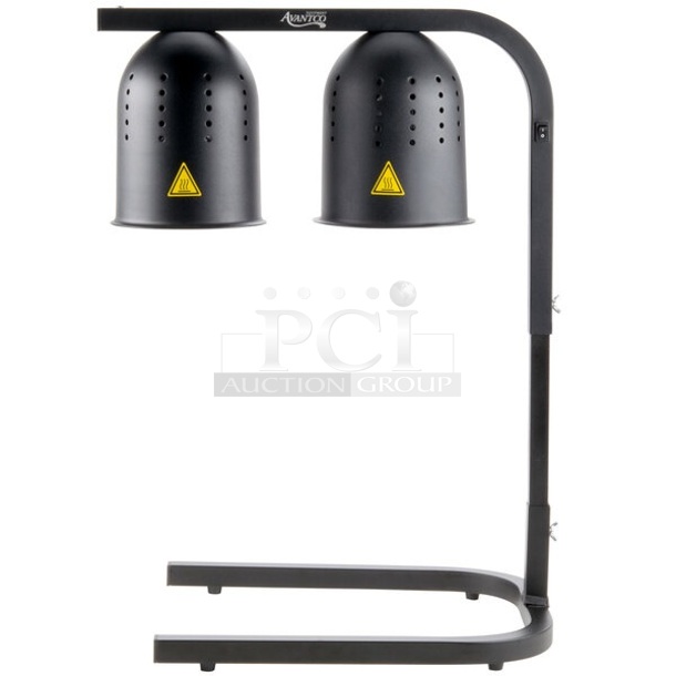 BRAND NEW SCRATCH AND DENT! Avantco 177W62BLK Black 2 Bulb Free Standing Heat Lamp / Food Warmer. 115 Volts, 1 Phase. Tested and Working! - Image 1 of 10