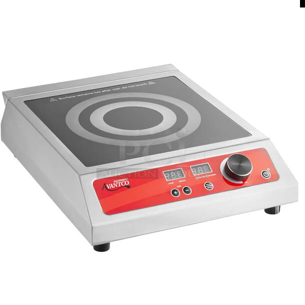 BRAND NEW SCRATCH AND DENT! 2023 Avantco 177IC1800 Stainless Steel Commercial Countertop Electric Powered Single Burner Induction Range. 120 Volts, 1 Phase. 