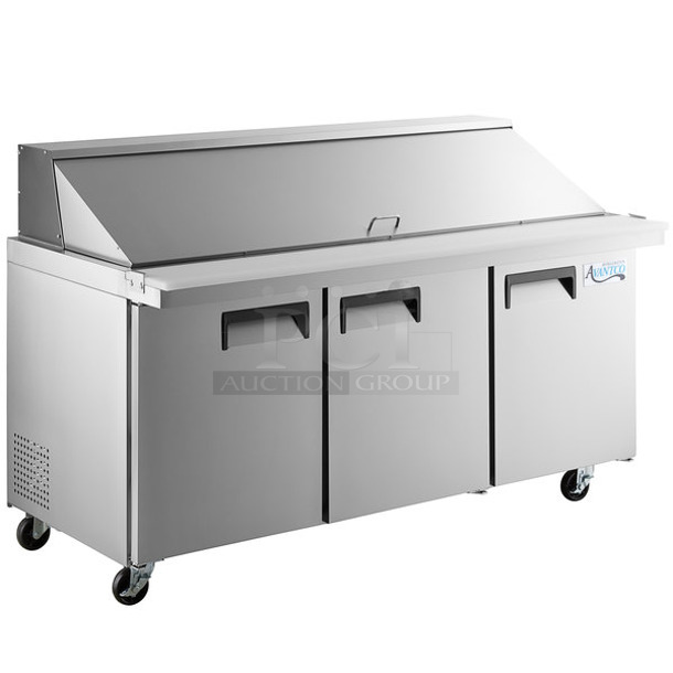 BRAND NEW SCRATCH AND DENT! 2023 Avantco 178APT71MHC Metal Commercial Sandwich Salad Prep Table Bain Marie Mega Top on Commercial Casters. 115 Volts, 1 Phase. Tested and Working!