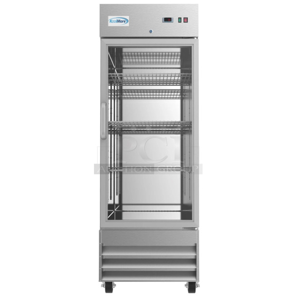 BRAND NEW SCRATCH AND DENT! 2023 KoolMore RIR-1D-GD Stainless Steel Commercial Single Door Reach In Cooler Merchandiser w/ Poly Coated Racks on Commercial Casters. 115 Volts, 1 Phase. Tested and Working!