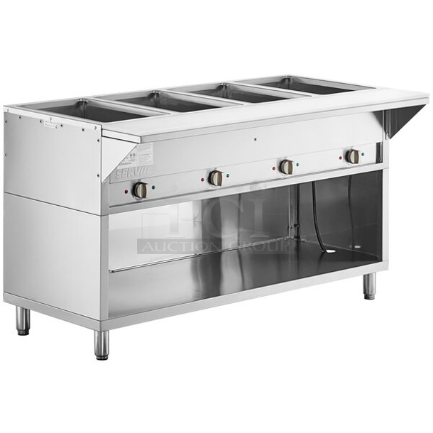BRAND NEW SCRATCH AND DENT! ServIt 423EST4WSPBH Stainless Steel Four Pan Sealed Well Electric Steam Table with Partially Enclosed Base. 208/240 Volts, 1 Phase. 