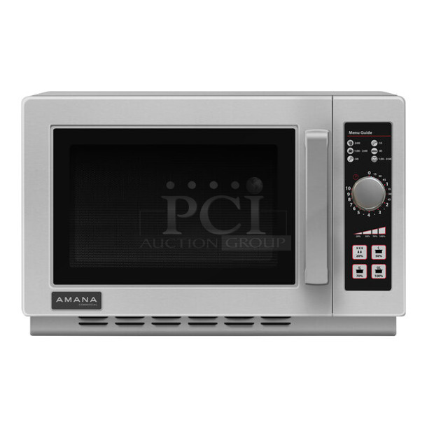 BRAND NEW SCRATCH AND DENT! 2023 Amana RCS10DSE Stainless Steel Commercial Countertop Microwave Oven. 120 Volts, 1 Phase. 