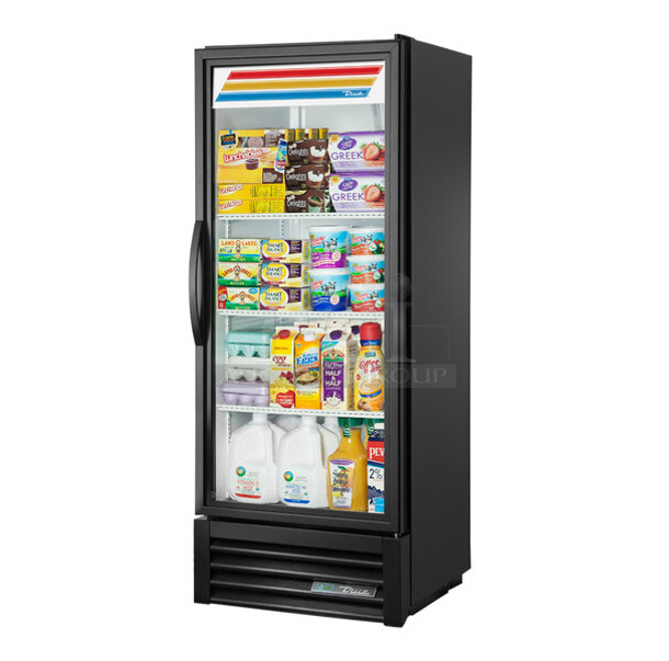 BRAND NEW SCRATCH AND DENT! 2024 True GDM-12-HC-TSL01 Metal Commercial Black Refrigerated Single Door Reach In Glass Door Merchandiser with LED Lighting and Poly Coated Racks. 115 Volts, 1 Phase. Tested and Working!