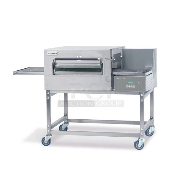 BRAND NEW SCRATCH AND DENT! 2023 Lincoln Impinger 1117-000-U-K1837 Series 1100 Stainless Steel Commercial Propane Gas Powered Conveyor Pizza Oven on Commercial Casters. 40,000 BTU. - Item #1112187