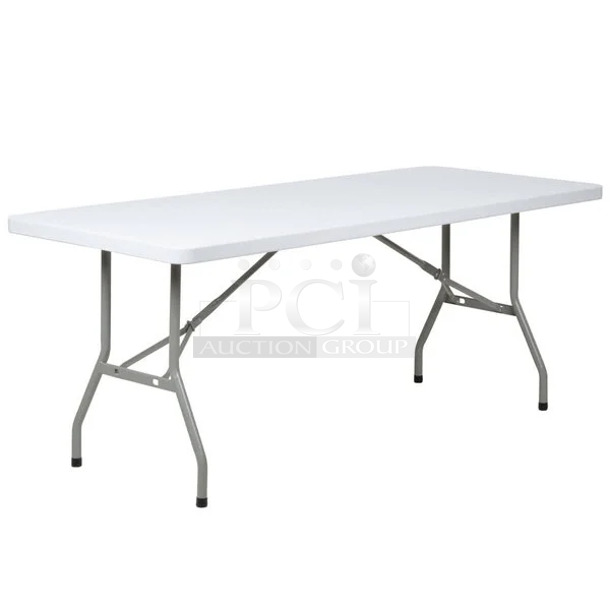 BRAND NEW SCRATCH AND DENT! Lancaster Table & Seating 384YCZ7230 30" x 72" Heavy-Duty Granite White Plastic Folding Table. May Be Missing Pieces. - Image 1 of 2