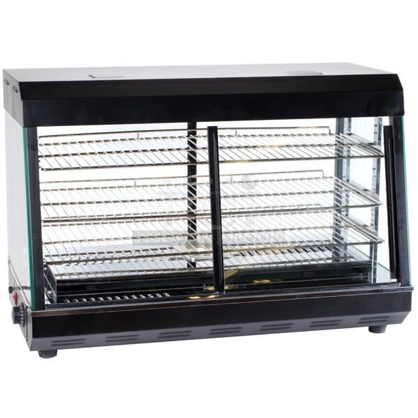 BRAND NEW SCRATCH AND DENT! 2023 Avantco 177HDC26 Metal Commercial 26" Self/Full Service 3 Shelf Countertop Heated Display Case with Sliding Doors. See Pictures For Broken Front Glass. 120 Volts, 1 Phase. Tested and Working! - Image 1 of 8