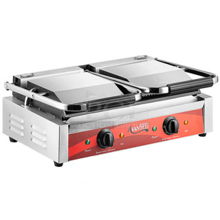 BRAND NEW SCRATCH AND DENT! Avantco P88SG Double Commercial Panini Sandwich Grill with Grooved Top and Smooth Bottom Plates - 18 3/16" x 9 1/16" Cooking Surface. 120 Volts, 1 Phase. 