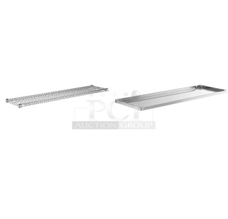 4 BRAND NEW SCRATCH AND DENT! Items; 2 Boxes of 2 Regency 460EC1460 14" x 60" NSF Chrome Wire Shelf, Regency 600UT3072S Adjustable Stainless Steel Work Table Undershelf for 30" x 72" Tables - 18 Gauge and Grene Wire Rack. 4 Times Your Bid!