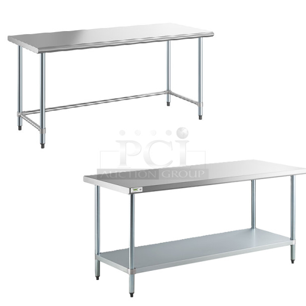 2 BRAND NEW SCRATCH AND DENT! Items; Steelton 522ETOB3072 30" x 72" 18-Gauge 430 Stainless Steel Open Base Work Table and Regency 600T3072G 30" x 72" 18-Gauge 304 Stainless Steel Commercial Work Table with Galvanized Legs and Undershelf. 2 Times Your Bid! May Be Missing Pieces.  - Image 1 of 6
