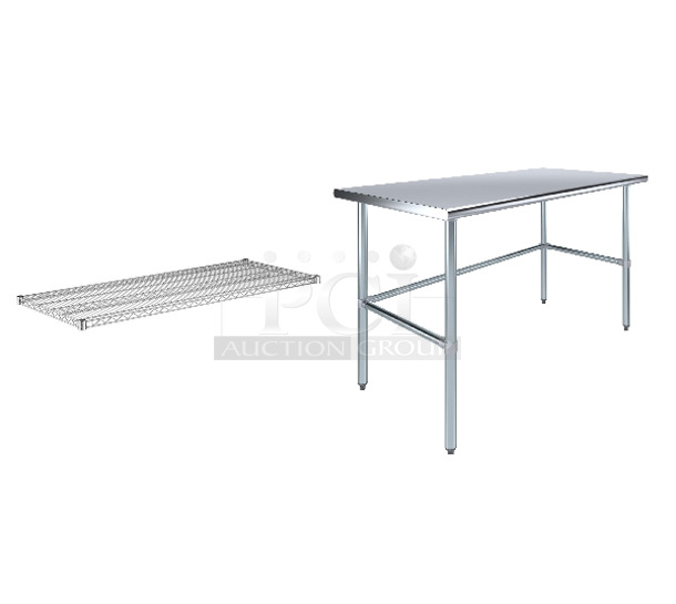 3 BRAND NEW SCRATCH AND DENT! Items; Regency 460EC2460 24" x 60" NSF Chrome Wire Shelf, AmGoods 3048-RCB KIT 30" X 48" Open Base Stainless Steel Work Table, Regency Spec Line Unit. 3 Times Your Bid! May Be Missing Pieces.  - Image 1 of 5