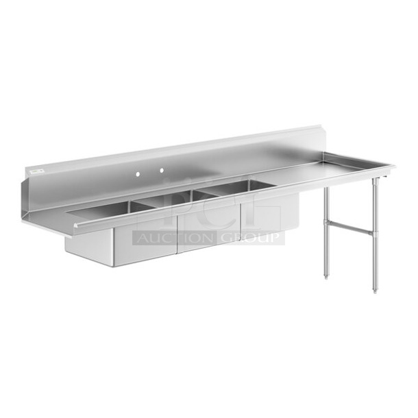 BRAND NEW SCRATCH AND DENT! Regency 600DDTS108R 16-Gauge 9' Soiled / Dirty Dish Table with 3-Compartment Sink - 20" x 20" x 12" Bowls - Right Drainboard.   - Image 1 of 11