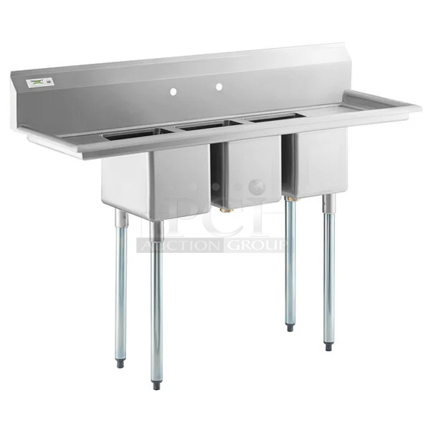 BRAND NEW SCRATCH AND DENT! Regency 600S31014212 58" 16-Gauge Stainless Steel Three Compartment Commercial Sink with Galvanized Steel Legs and 2 Drainboards - 10" x 14" x 10" Bowls - Image 1 of 10