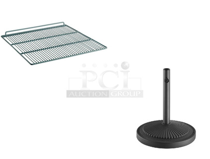 2 BRAND NEW SCRATCH AND DENT! Items Including Avantco 178SHELFCFD3 Middle Gray Coated Wire Shelf - 22 1/8" x 25 3/16", Lancaster Table & Seating 427BASECNR50 50 lb. Black Round Concrete Umbrella Base. 2 Times Your Bid! May Be Missing Pieces. 