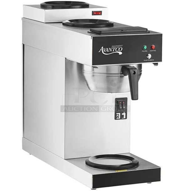 BRAND NEW SCRATCH AND DENT! Avantco 177CMA1L2U Automatic Coffee Maker with 3 Decanter Warmers. 120 Volts, 1 Phase.  - Image 1 of 6