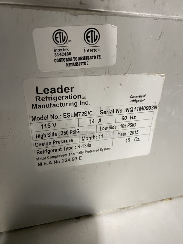 NICE! LEADER All Stainless Steel 3 Door Sandwich/Salad Prep Table Refrigerator! W/ Stainless Steel Top Shelf And Poly Coated Racks!  Shelf!  On Casters!  Model ESLM72S/C Serial NQ11M0903N 115V/60Hz/ - Image 8 of 10