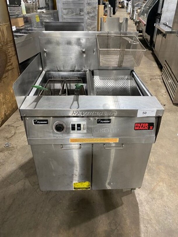 Frymaster Commercial Natural Gas Powered Deep Fat Fryer With Side Dumping Station! With Metal Frying Baskets! With Back Splash! All Stainless Steel! On Casters! Model: FM145ESC SN: 0204GH0013 - Image 1 of 11