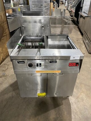 Frymaster Commercial Natural Gas Powered Deep Fat Fryer With Side Dumping Station! With Metal Frying Baskets! With Back Splash! All Stainless Steel! On Casters! Model: FM145ESC SN: 0204GH0013
